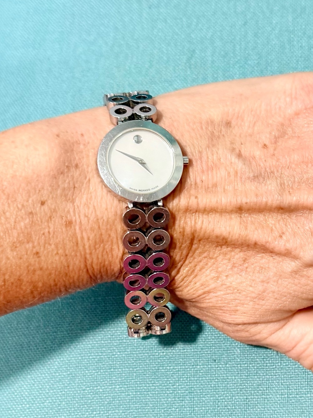 Movado Silver Women's Watch with Circular Link Bracelet